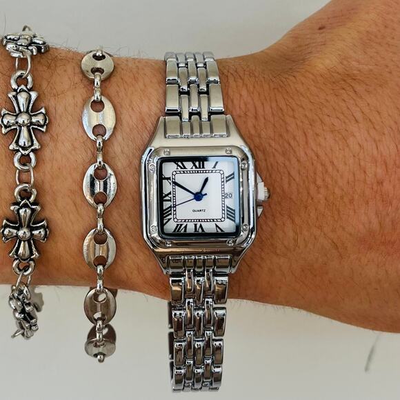 Retro White Square Face Quartz Watch Unisex Stainless Steel 8.5" New - Picture 8 of 16